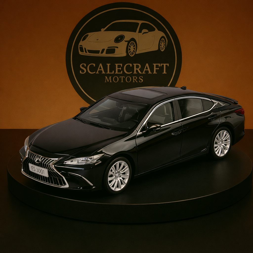 Black Lexus ES 3001 scale model car on black platform with Scalecraft Motors logo backdrop
