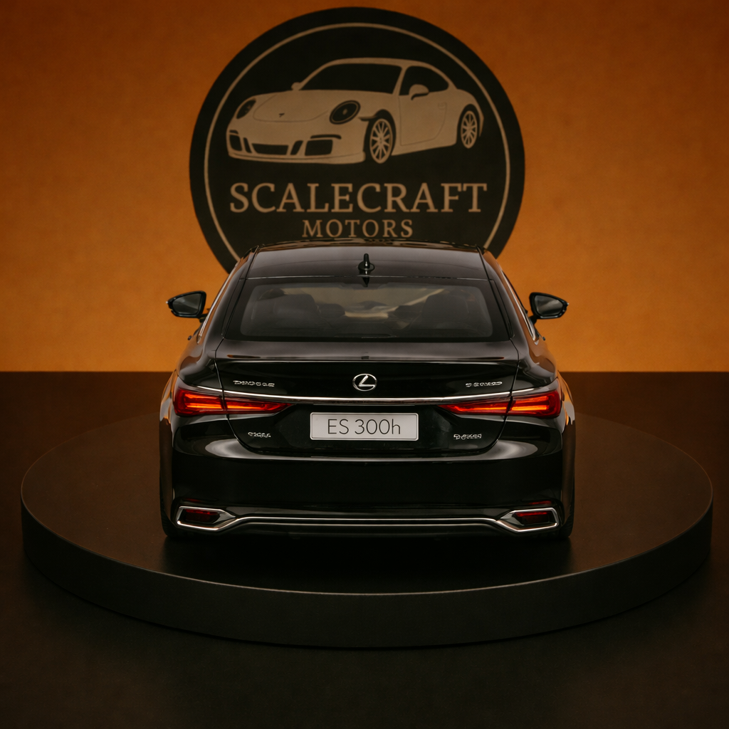 Black Lexus ES 300h scale model on black platform with Scalecraft Motors logo backdrop