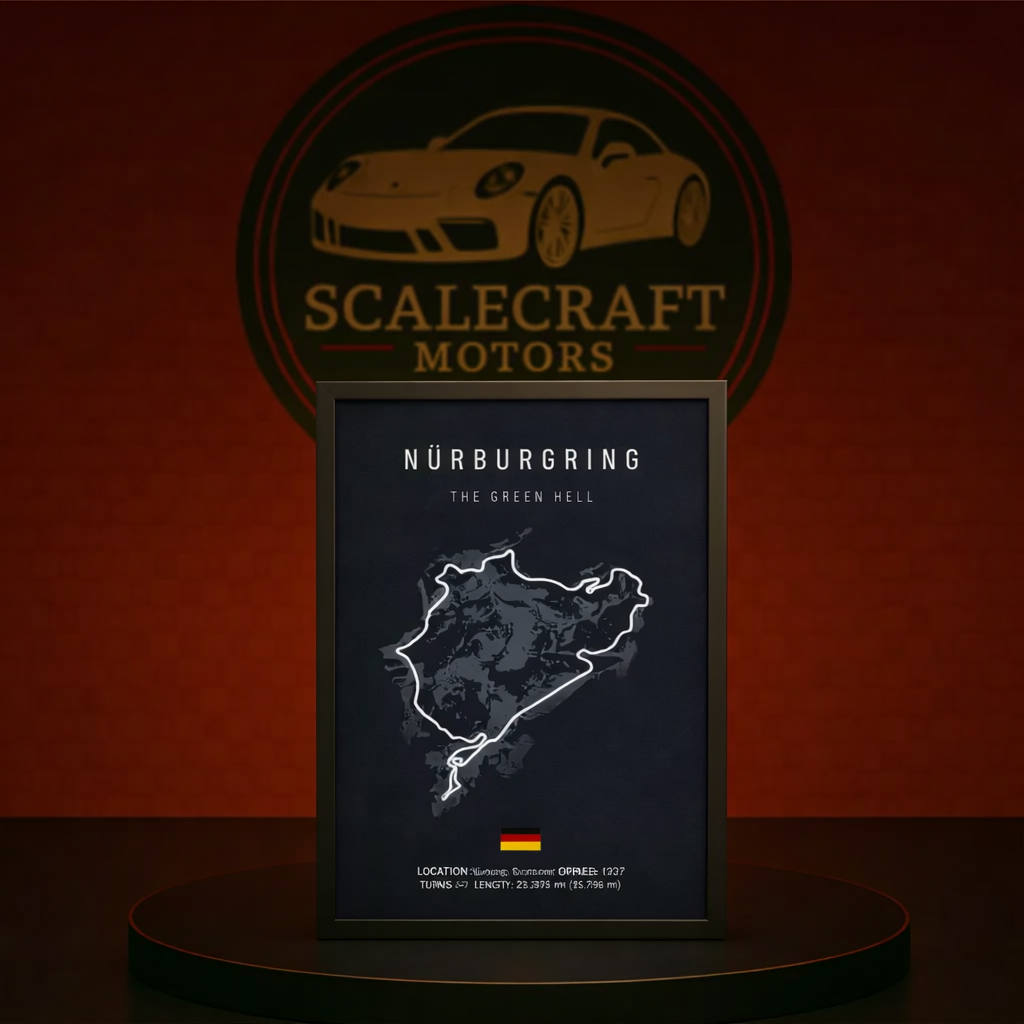 Framed Nürburgring racetrack map labeled The Green Hell with German flag, displayed on ScaleCraft Motors stand