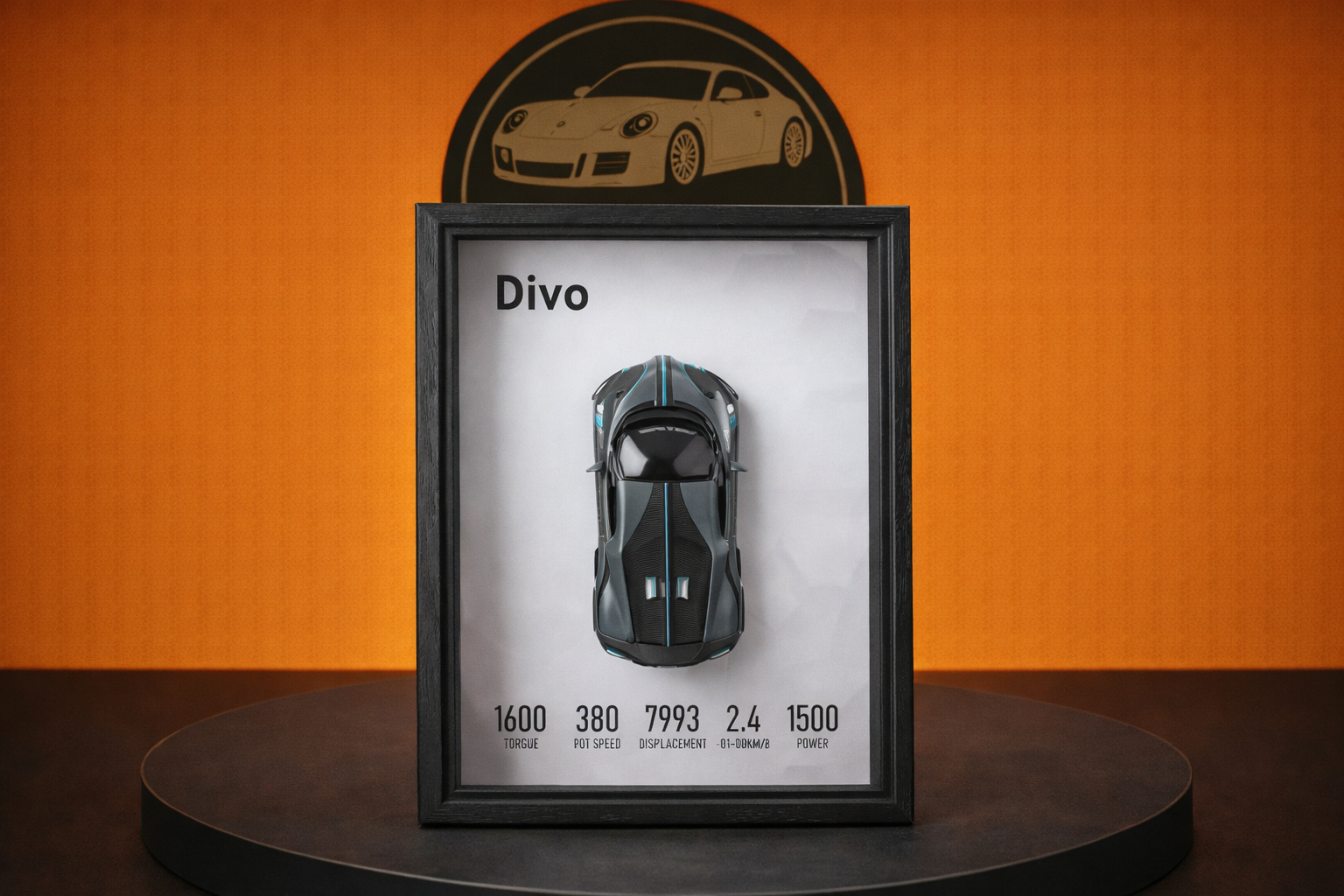Framed display of black and blue Divo scale model car with performance stats on white background