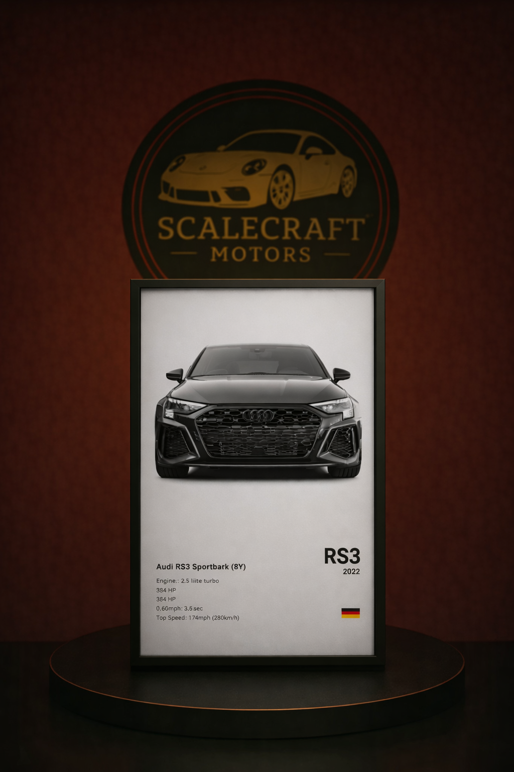 Framed poster of 2022 Audi RS3 Sportback with specs, displayed under ScaleCraft Motors logo