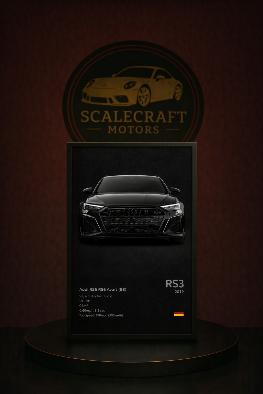 Framed photo of black 2019 Audi RS3 with specs displayed, on round pedestal against ScaleCraft Motors logo