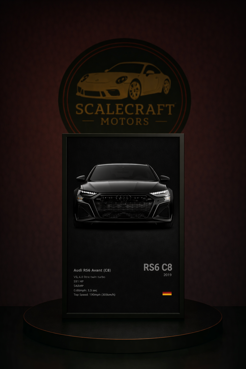 Framed display of black Audi RS6 Avant C8 model with ScaleCraft Motors logo in background