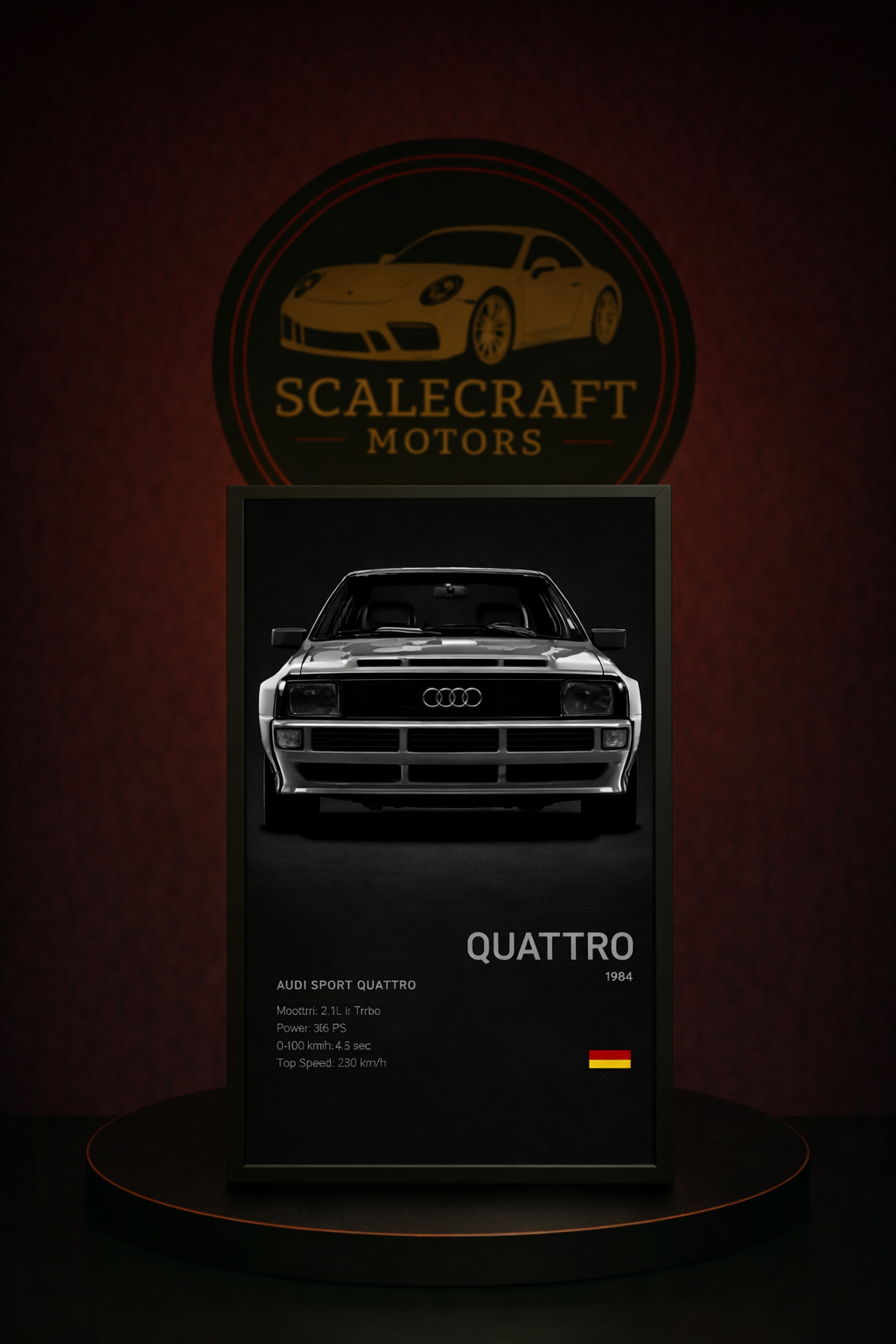 Framed poster of 1984 Audi Sport Quattro with specifications under ScaleCraft Motors logo on dark red background