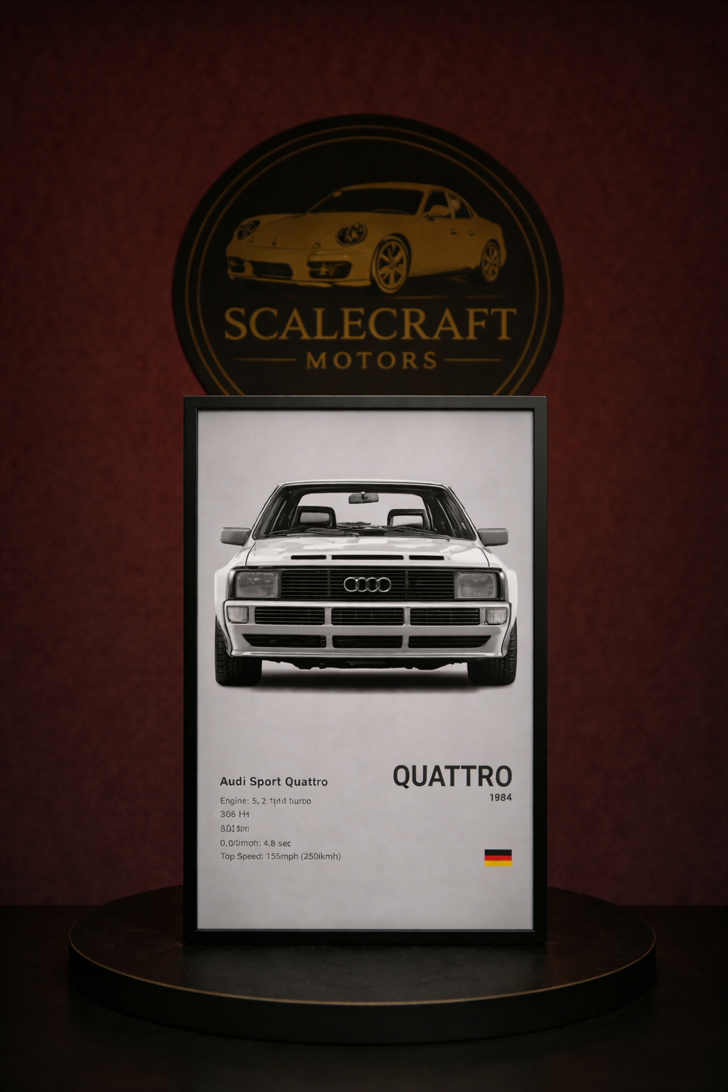 Poster of 1984 Audi Sport Quattro with front view, displayed on black stand, ScaleCraft Motors logo backdrop
