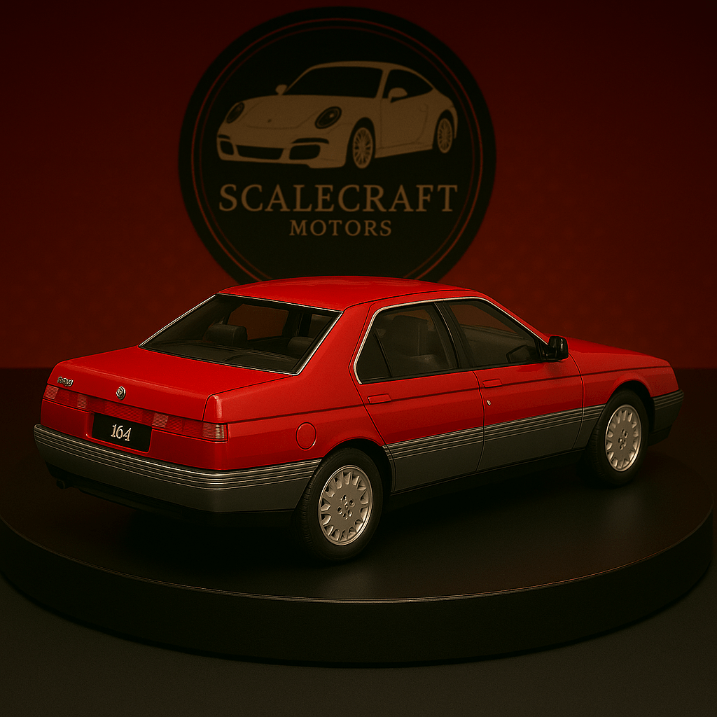 Red Alfa Romeo 164 model car displayed on a black platform with ScaleCraft Motors logo background