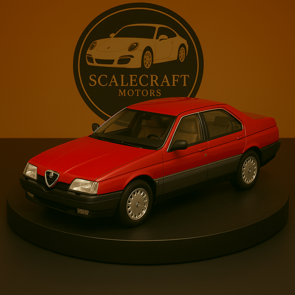 Red Alfa Romeo 164 3.0 V6 model car displayed on a round black platform with ScaleCraft Motors logo backdrop
