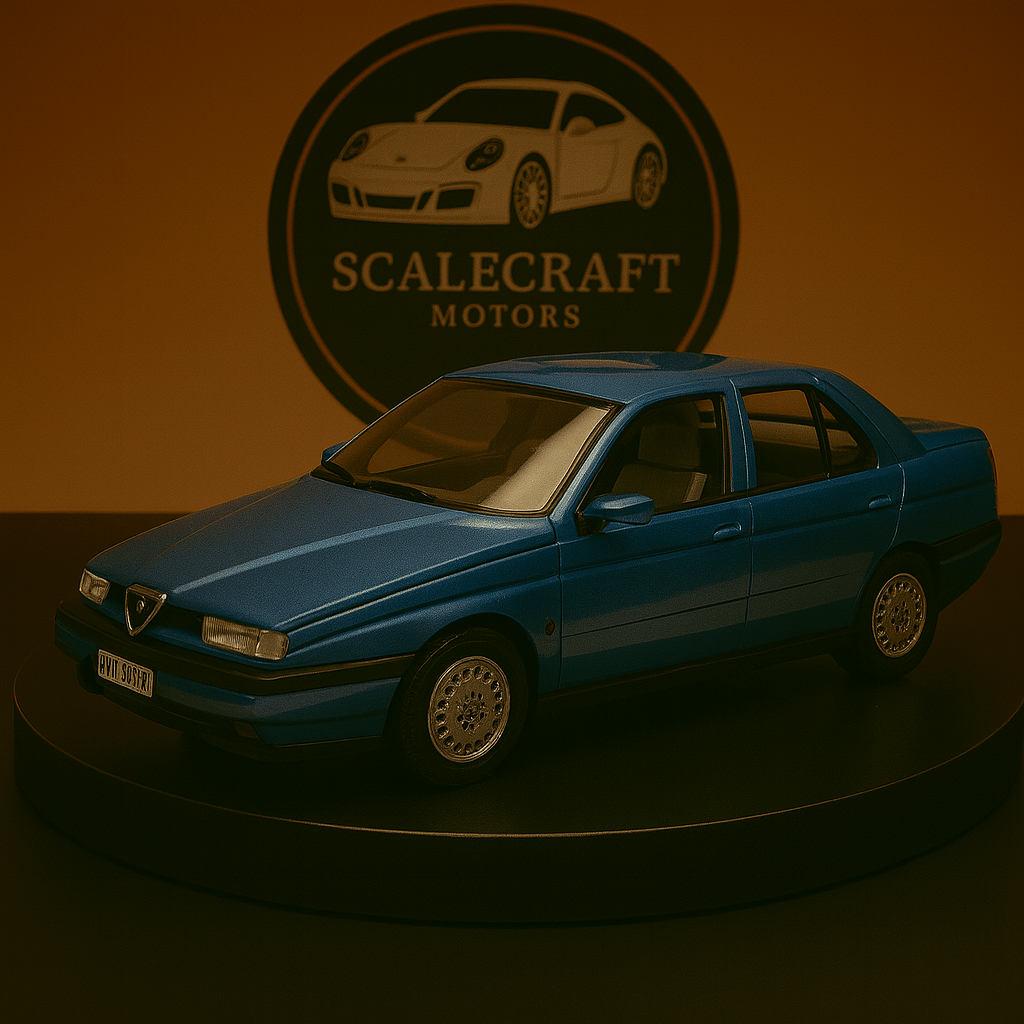Blue Alfa Romeo 164 3.0 V6 scale model car on black display stand with ScaleCraft Motors logo backdrop