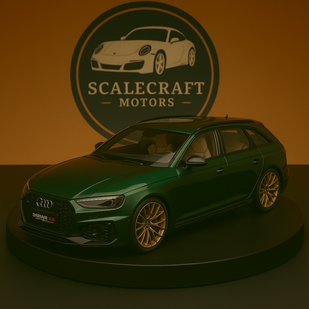 Green Audi RS4 scale model with gold wheels on black display base, ScaleCraft Motors logo backdrop