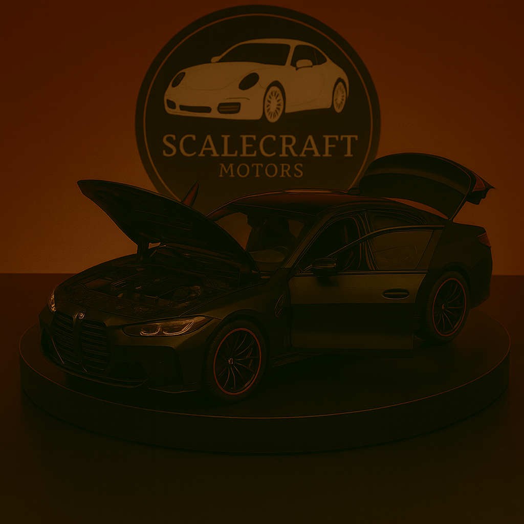 1:18 scale BMW M4 model car with open hood, doors, and trunk on display stand at ScaleCraft Motors