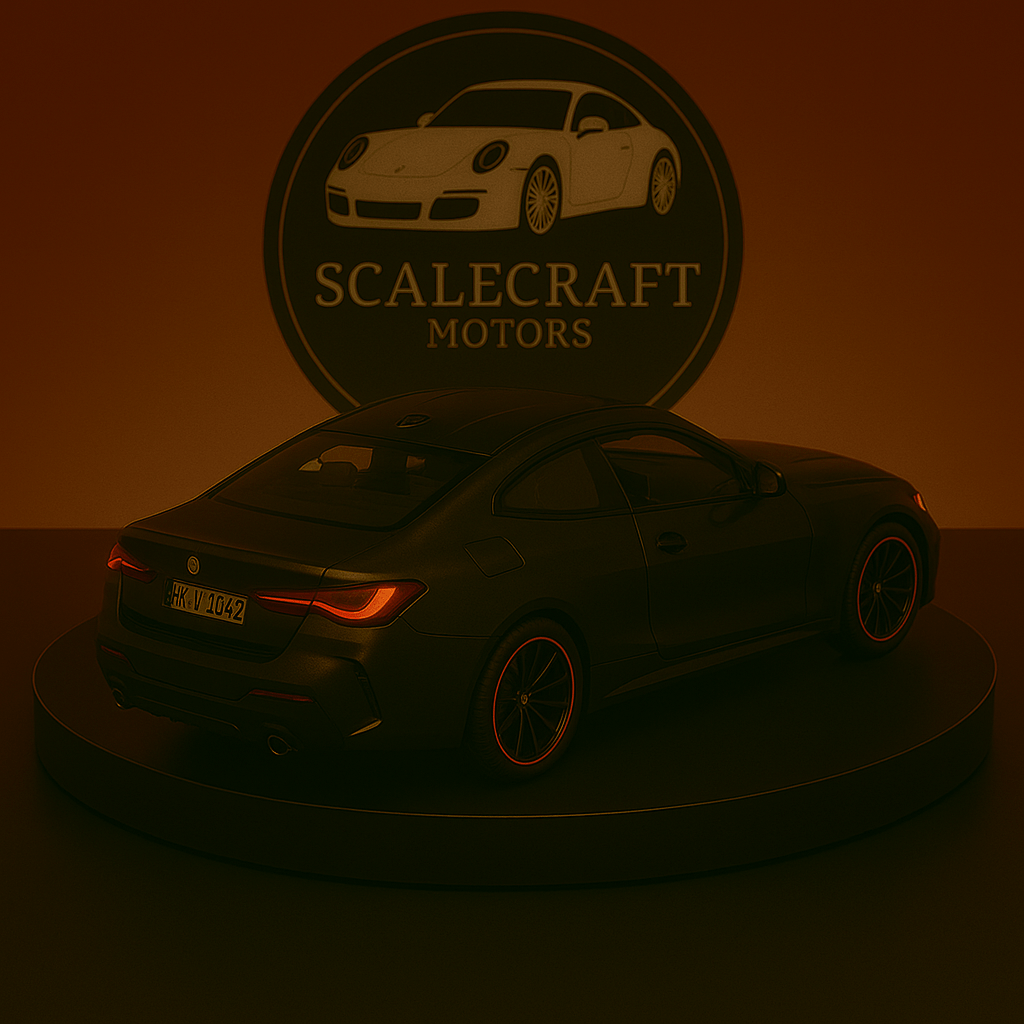 Black BMW M4 scale model displayed on a round pedestal with ScaleCraft Motors logo in background