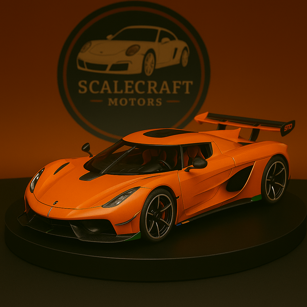 Orange Koenigsegg Jesko scale model displayed on black stand with ScaleCraft Motors logo background