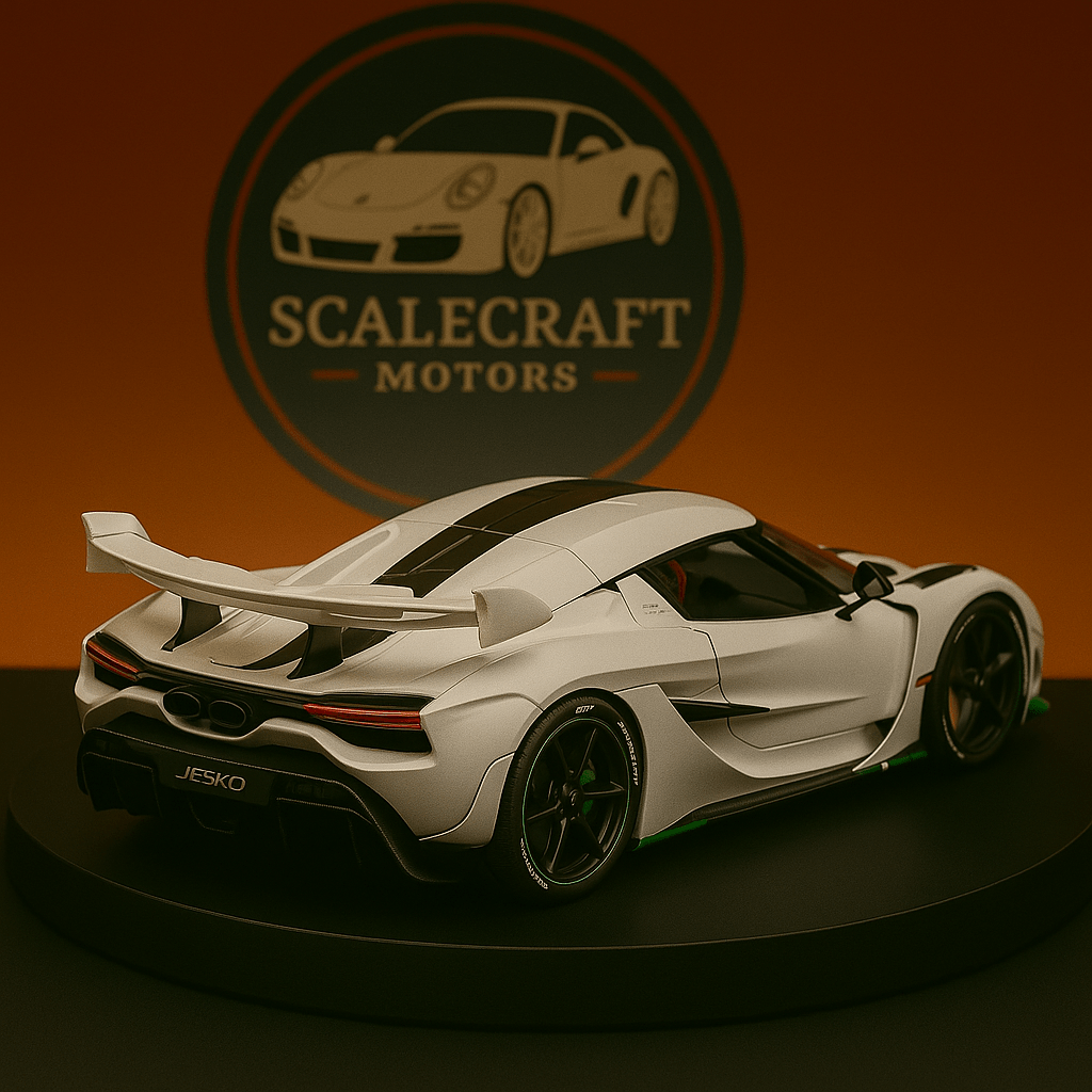 White Koenigsegg Jesko scale model car with black racing stripes on display at ScaleCraft Motors