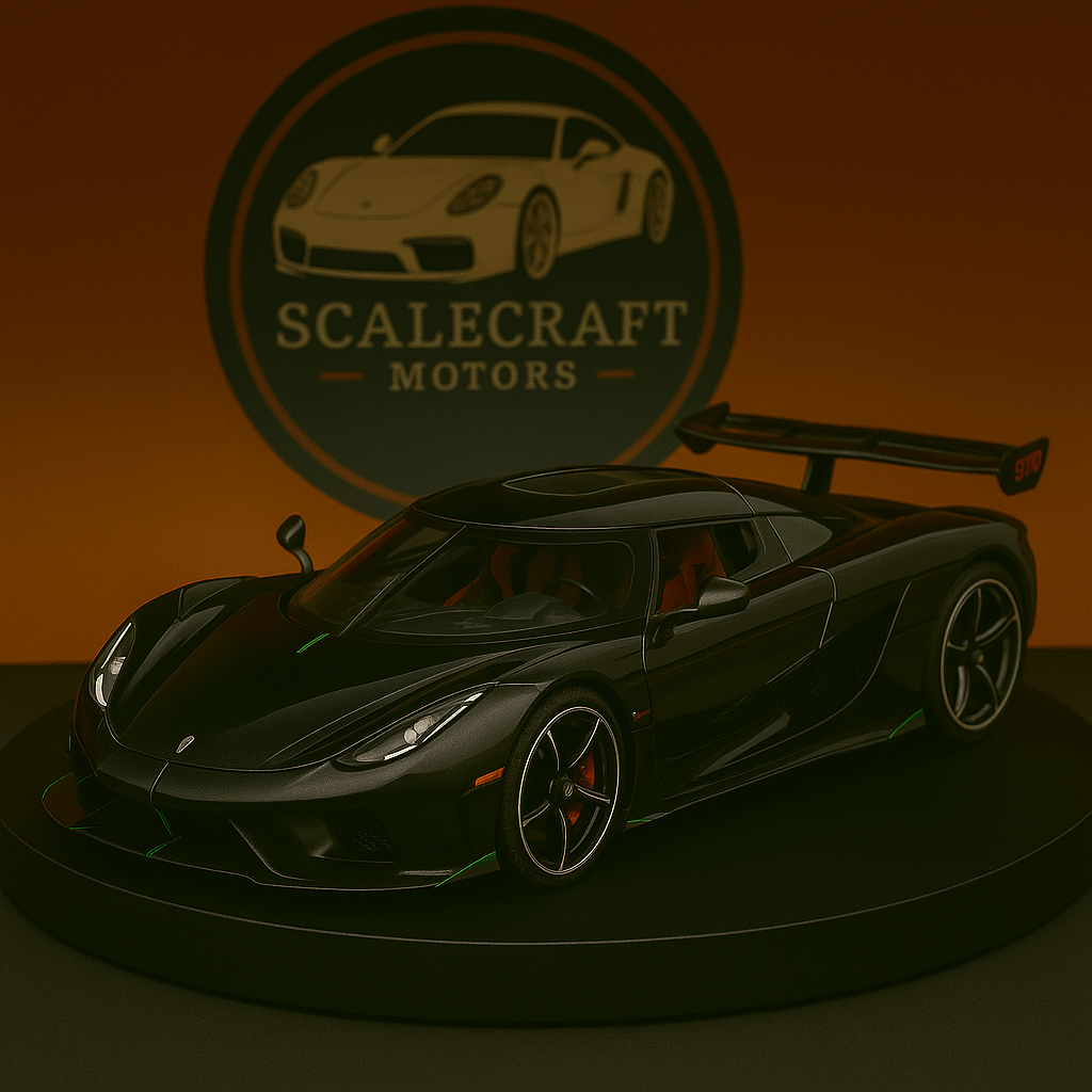 Black Koenigsegg Jesko scale model car on display stand with Scalecraft Motors logo background