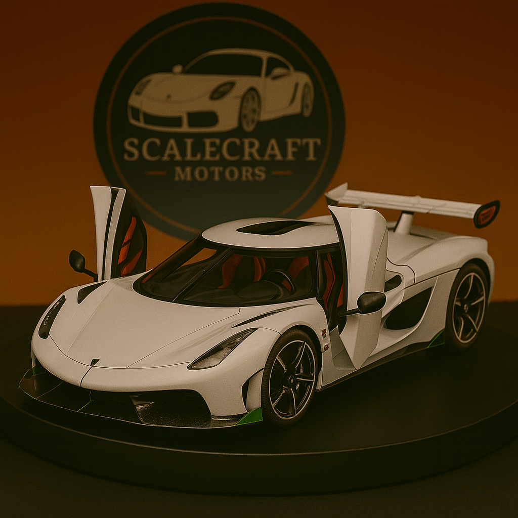 White Koenigsegg Jesko 1:18 scale model with open butterfly doors on black display base