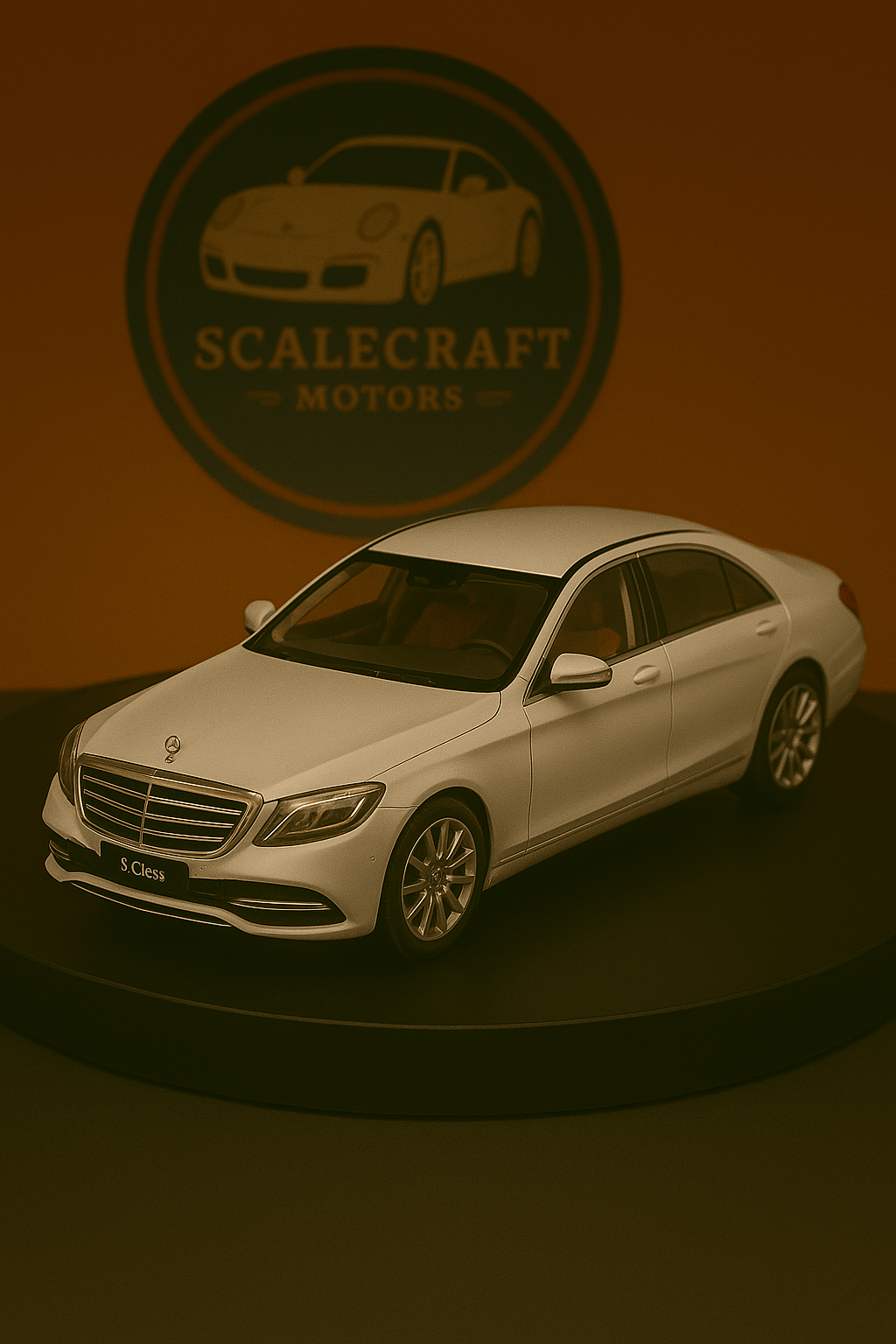 White Mercedes-Benz S500 scale model displayed on black stand with ScaleCraft Motors logo background