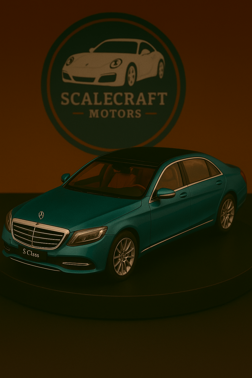 ScaleCraft Motors model of turquoise Mercedes-Benz S-Class S500 1:18 scale metal car on black display base