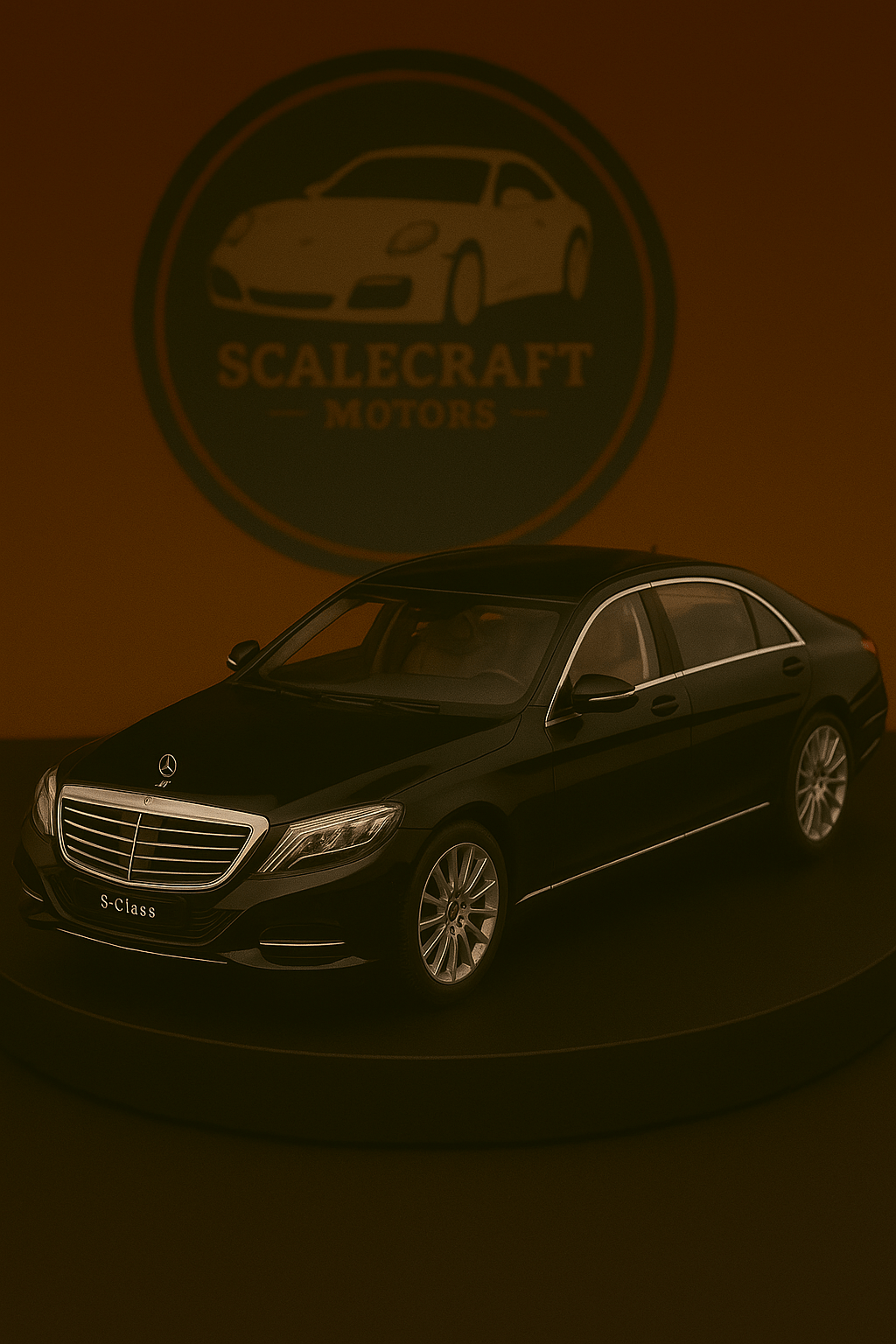 Black Mercedes-Benz S-Class scale model displayed on black platform with ScaleCraft Motors logo backdrop