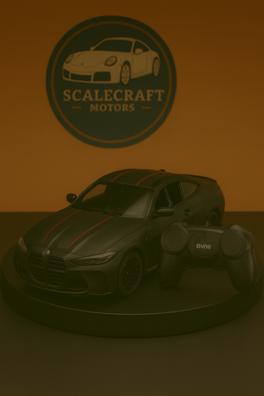 ScaleCraft Motors black BMW M4 CSL 1:18 scale model car with red stripes and remote control on display