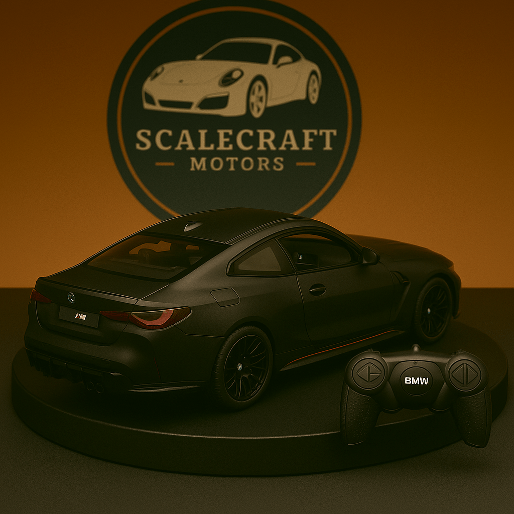 Black BMW M4 CSL remote control scale model car displayed on a round platform with BMW branded controller