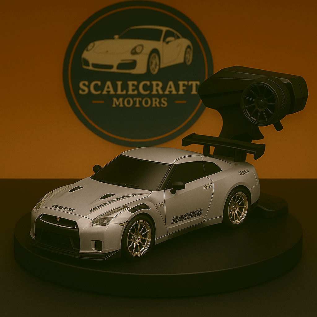 Silver Nissan Skyline R35 RC drift car model with black racing decals and spoiler on display base