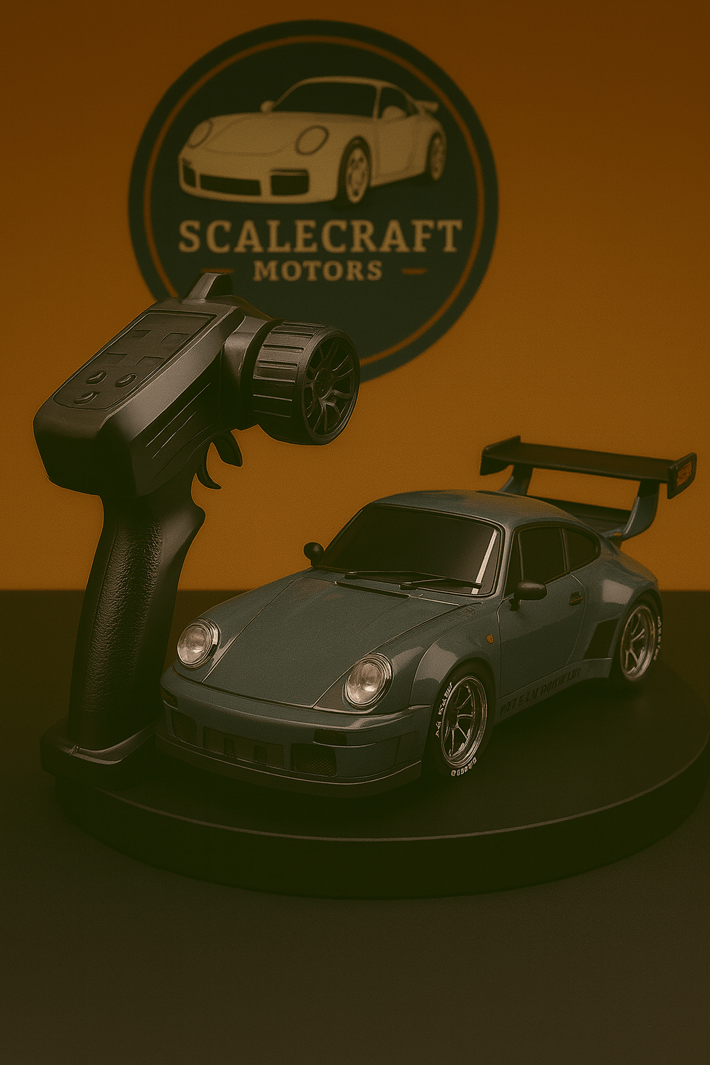 Grey Porsche 911 Turbo S RWB scale model with remote control on black platform against ScaleCraft Motors logo background