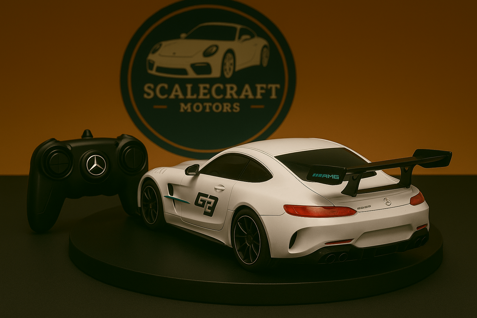 White Mercedes AMG GT2 RC car model with black rear spoiler and remote control on black display platform with ScaleCraft Motors logo