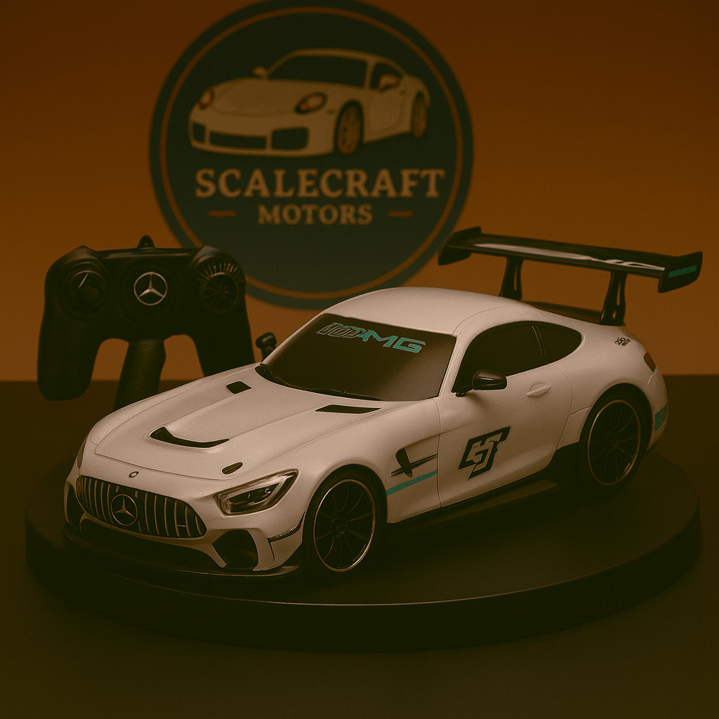 White Mercedes AMG GT radio-controlled model car with black spoiler and remote, displayed on black platform in front of ScaleCraft Motors logo