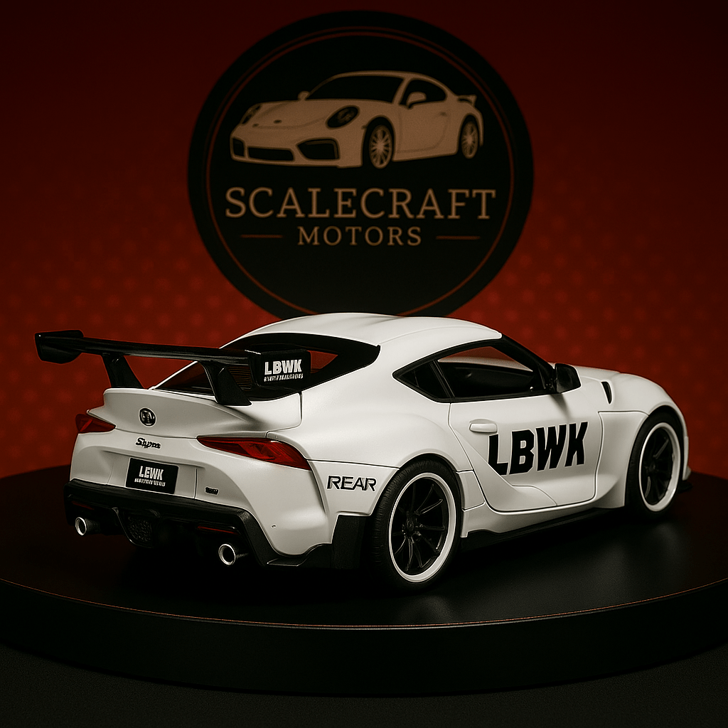 White Toyota Supra MK5 scale model with LBWK decals and rear spoiler on black stand