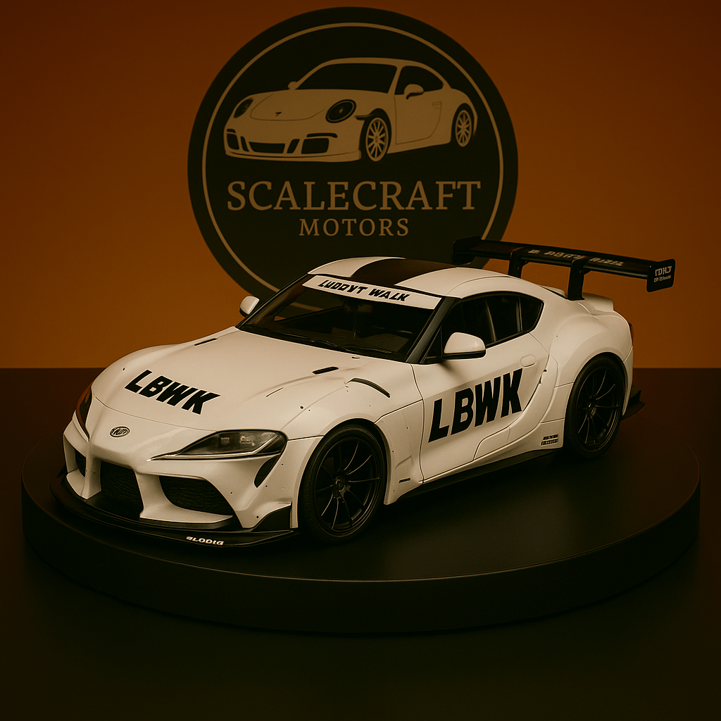 White Toyota Supra MK5 scale model with LBWK decals and wide body kit on black display stand at ScaleCraft Motors