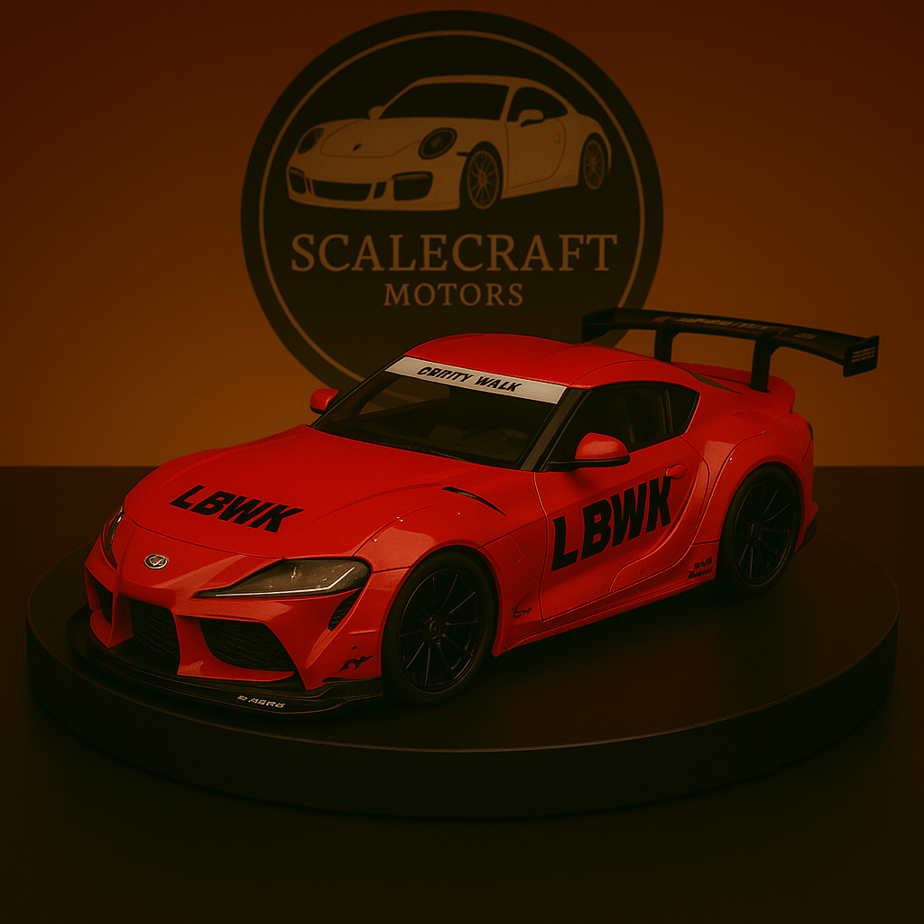 Red Toyota Supra MK5 scale model with LBWK decals on black display stand at ScaleCraft Motors