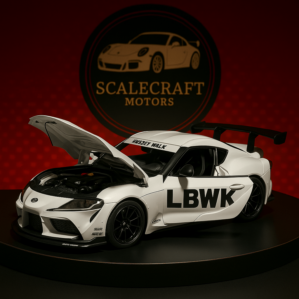White Toyota Supra MK5 LBWK scale model with open hood on black display stand at ScaleCraft Motors