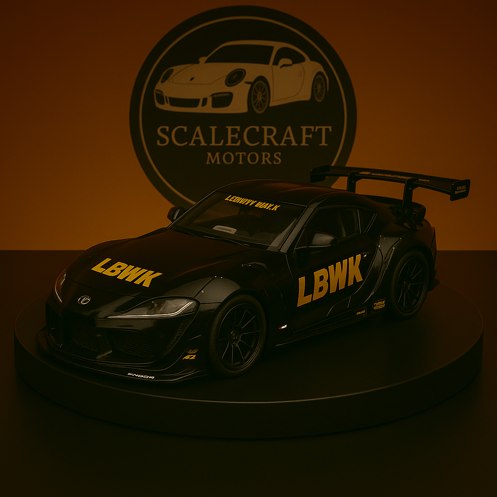 Black Toyota Supra MK5 scale model with LBWK decals on display at ScaleCraft Motors